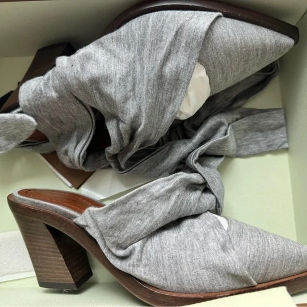 Burberry: “Tillington” Pewter Melange Ankle Wrap Slingback Mules - Picture 4 of 5